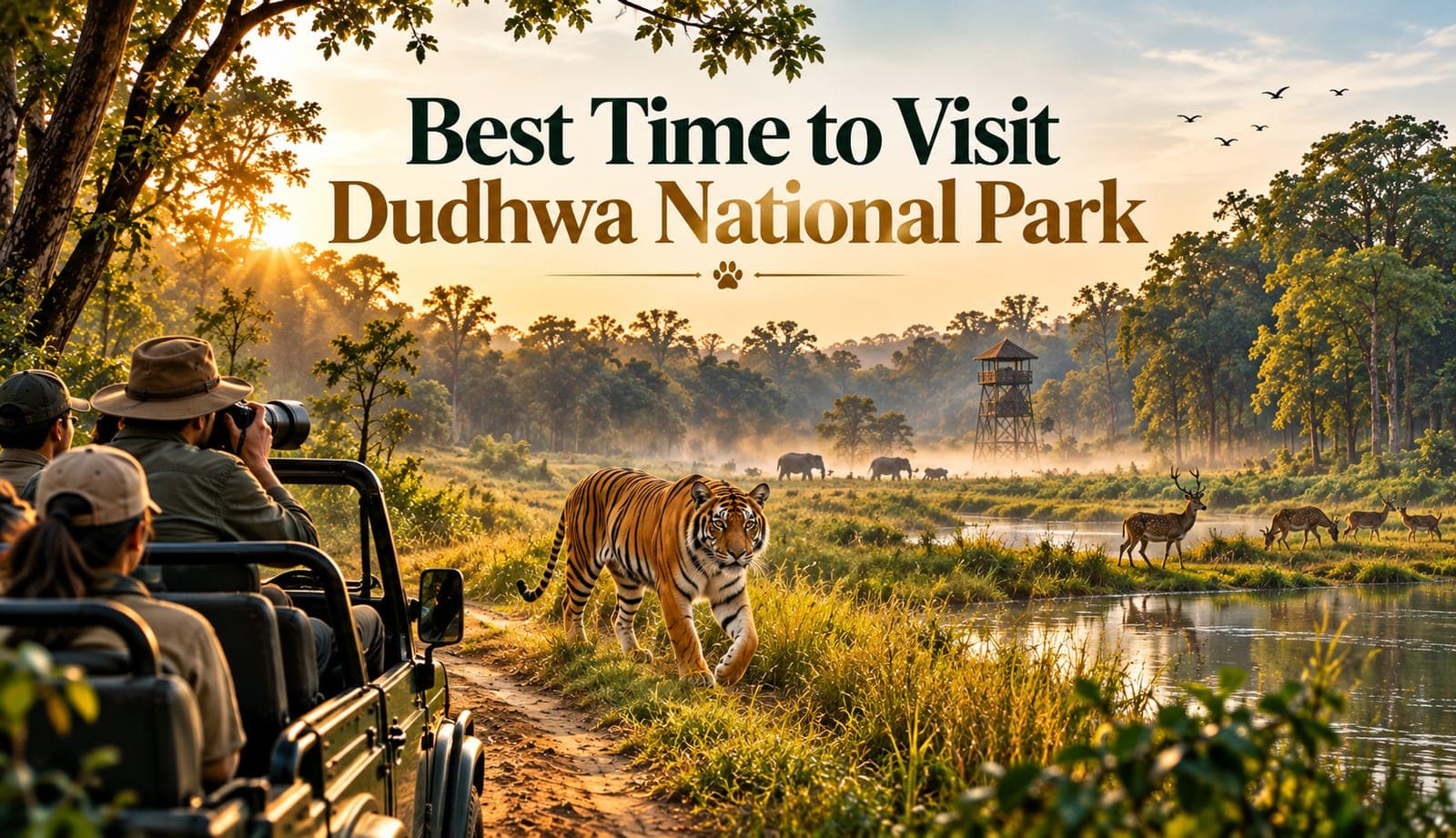 Illustration: Best Time to Visit Dudhwa National Park, with a safari jeep watching a tiger crossing the terai grassland