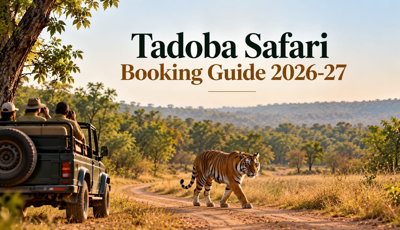 Jeep safari in Tadoba-Andhari Tiger Reserve with a tiger crossing the track, Tadoba Safari Booking Guide 2026-27