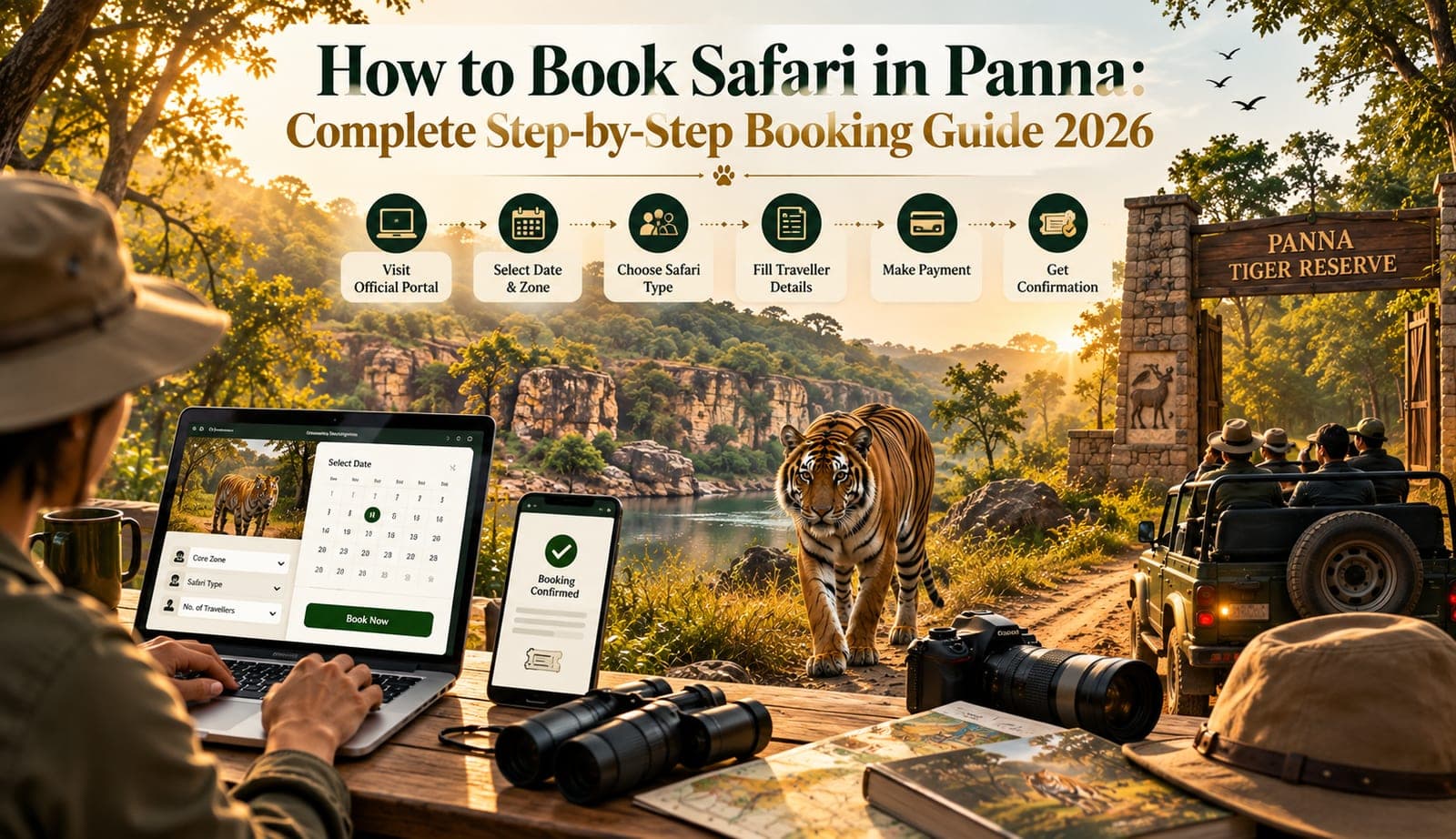 Illustration: How to Book Safari in Panna, a step-by-step booking guide for 2026 with a tiger near the Panna Tiger Reserve gate